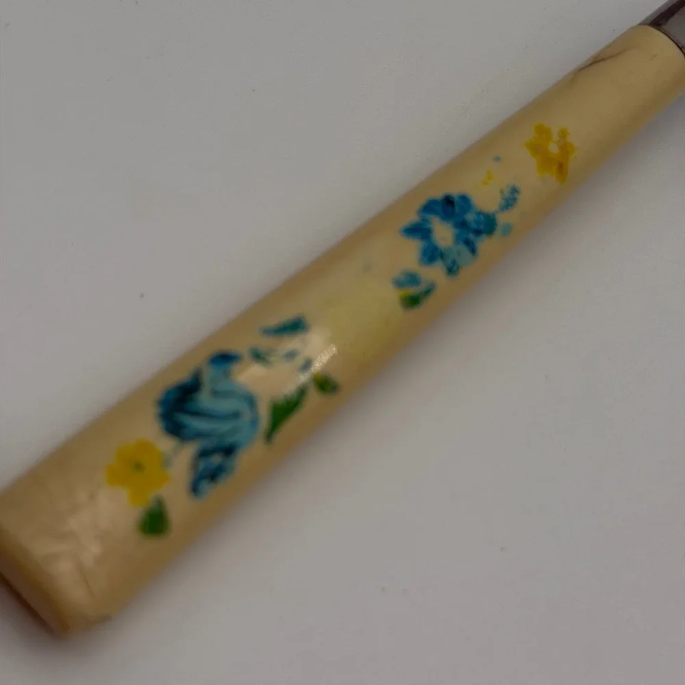 Vintage Stainless Taiwan Floral Flatware Spoon and Knife Set Cream Blue Yellow